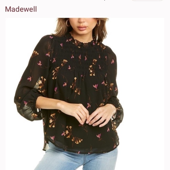 Madewell Georgette Ruffle-Collar Smocked Top in Falling Freesias NWT size XXS - Picture 3 of 8